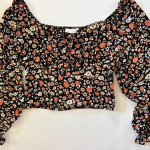 Astr Floral Cropped Blouse Floral Black Orange Cream Accents XL Boho Chic